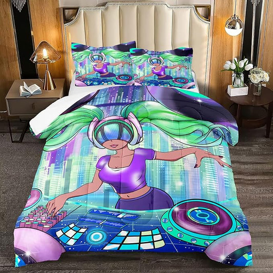 Black Girl Comforter Set Queen Size, African DJ Girl Pattern Soft Microfiber 3 Piece Quilt Set with 2 Pillowcases Queen Size Comforter Set Gifts for Black Women Girls