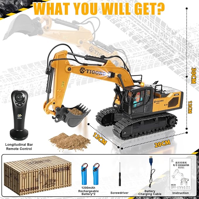 Remote Control Excavator for Boy 6 7 8 9 Years Old, 2.4 GHz Gravity Controlled Excavator Toys with Lights Sound, Rechargeable 11 CH RC Construction Vehicles Metal Shovel, Gifts for Kids 6-12 Year Old
