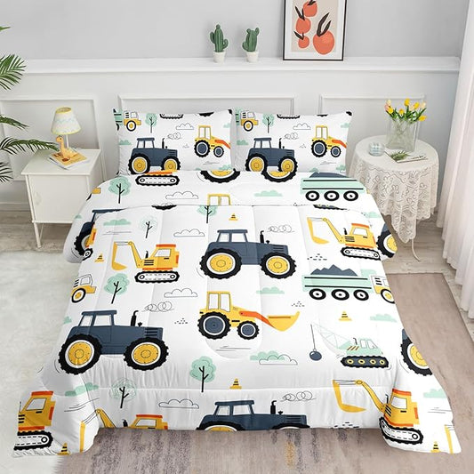 Kids Comforter Set Engineering Vehicle Printed Pattern Bedding Set with 1 Comforter and 2 Pillowcases for Girls Boys Bedroom All Season(Excavator Truck Engineering Vehicle01 Full)