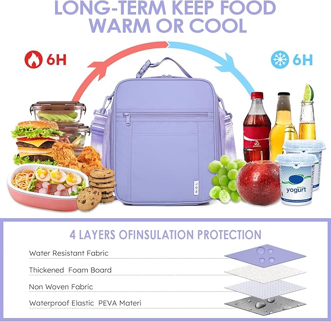 NOL Nylon Waterproof Kids Lunch Bag, Insulated Lunch Bag, Lunch box Cooler, Reusable, Zip Closure with Buckle Handle Holds Lunch Box, Snacks & Water Bottle for School Work,Light purple