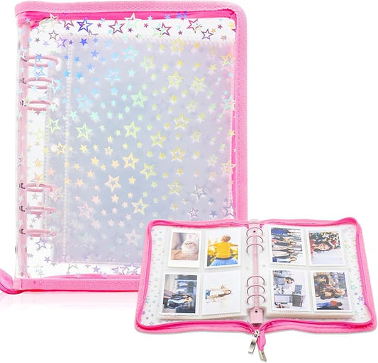 Kpop Photocard Binder Holder with 30 Pack 4-Pocket Inner Pages, A5 6 Ring Cover Album Book with Zipper for Organizing Trading Card (Pink)