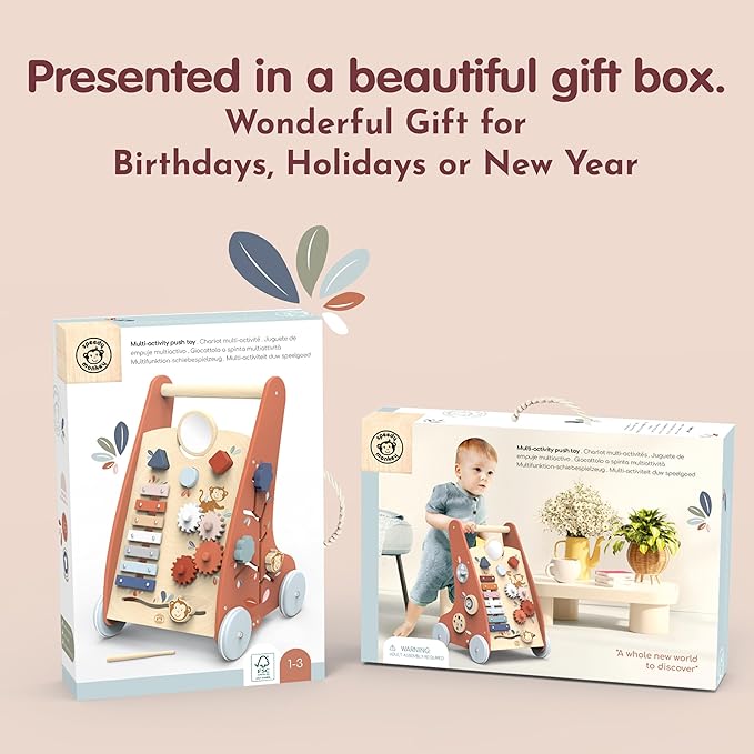 SPEEDY MONKEY Multi-Activity Wooden Baby Walker | 9-in-1 Toddler Toy Includes Shape Sorter, Bead Maze, Xylophone, Blocks & More | Learning Toy for Fine Motor Skill, Early Development & Balance