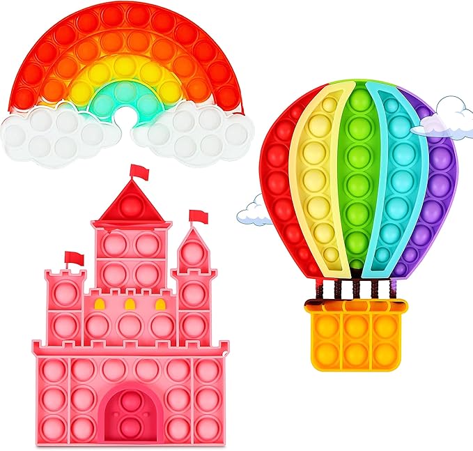 3 Pcs Bubble Fidget Toys,Push Poppers Rainbow Cloud Balloon Pink Castle Sensory Bulk Sets,Stress Relief Squeeze Toy for Toddler Kids Girls Adults,Gift Favors for Birthday Party Classroom Prizes