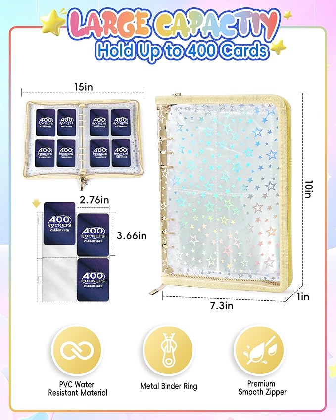 4 Pocket Card Binder with 20 Stickers, Trading Card Binder for 400 Cards, Kpop Photocard Binder, Card Collection Binder for MTG, TCG, Sports Cards, Game Cards, Cute Binder, Sticker Organizer (White)