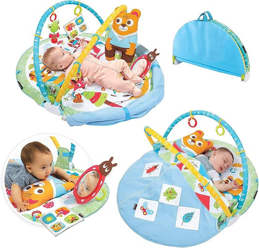 Yookidoo Baby Gym Play 'N’ Nap. 3-in-1 Activity Playmat with Foldable Infant Blanket. Tummy Time Pillow & Mirror, Sensory Toys and Newborn Rattle for 0-12 Months.