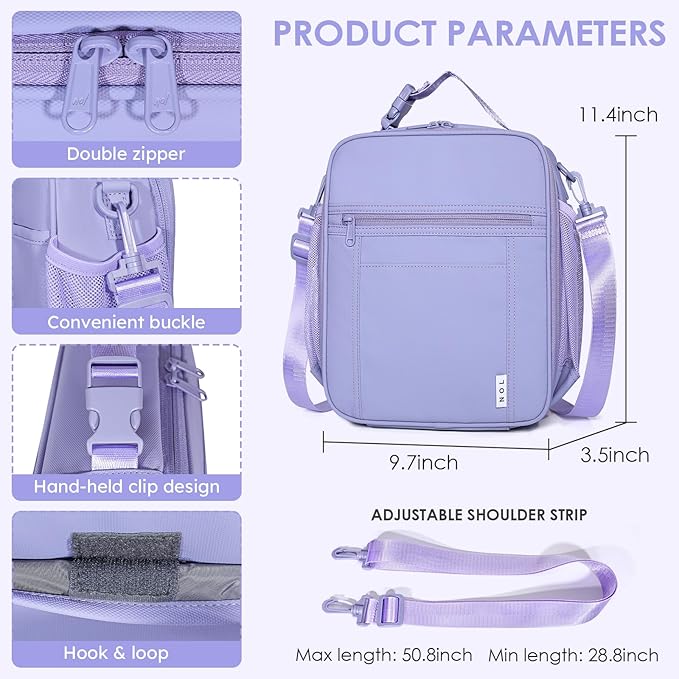 NOL Nylon Waterproof Kids Lunch Bag, Insulated Lunch Bag, Lunch box Cooler, Reusable, Zip Closure with Buckle Handle Holds Lunch Box, Snacks & Water Bottle for School Work,Light purple