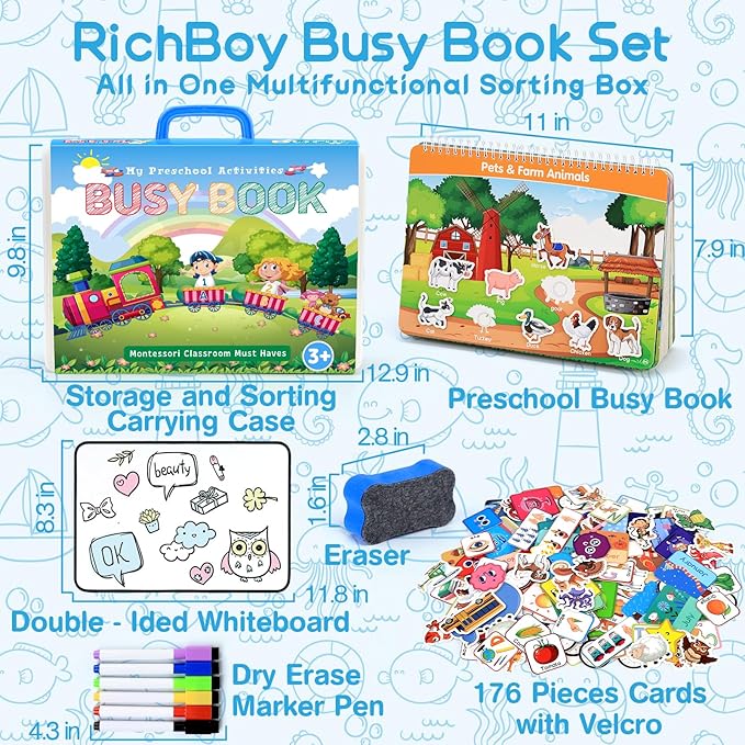 Preschool Busy Book for Toddlers with Case, 176 Pieces Accessory Complete Preassembled Activity Books for Kids, Learning Resources Montessori Educational Toy, Gifts for 3+ Year Old Boy Girl