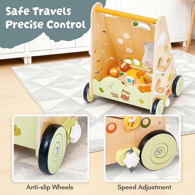 Wooden Baby Walker with Activity Center, Forest Themed Montessori Push Toy for Toddlers 1–3, Bead Maze, Shape Sorter, Gears, Puzzles & Fine-Motor Learning, Speed Adjustable Wood Walker for First Steps