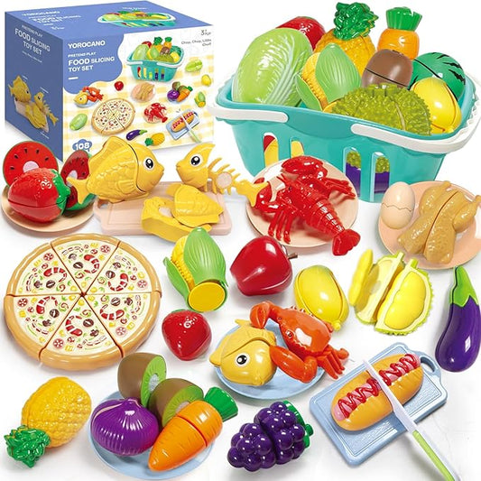 108pcs Learning Toys Play Food Set for Toddlers, Cutting Food for Preschool Activities, Pretend Play Kitchen Accessories for Kids, Color Sorting Set for Boys & Girls, Daycare Educational Toy