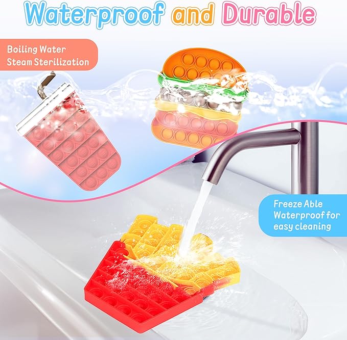 3 Pcs Fidget Sensory Toys, Push Bubble Poppers Hamburger French Fries Drinks Bulk Sets,Silicone Stress Relief Toy for Toddler Kids Boys Girls Adults,Birthday Gifts Party Favors,Classroom Prizes