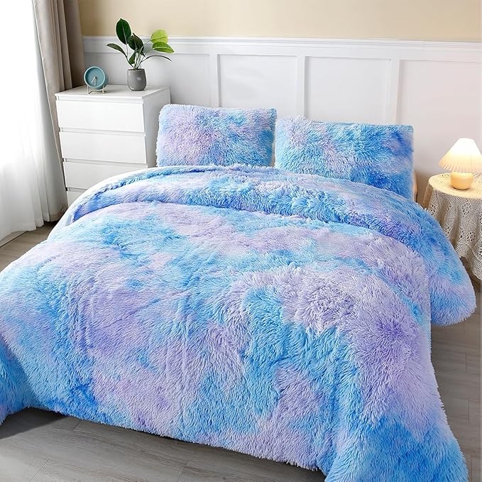 PERFEMET 3 Pcs Fluffy Faux Fur Comforter Full Size Plush Flannel Furry Blue Bedding Set Soft Tie Dye Velvet Fuzzy Comforter Set for Girls(Blue, Full)