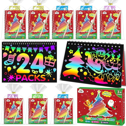 ZMLM Rainbow Scratch Party Favors Kids: Classroom Birthday Gifts Toy Bulk Scratch Art Notebook 24 Pack Goodie Bags Stuffers Girls Boys Classroom Prizes Student School Stocking Stuffers (Christmas)