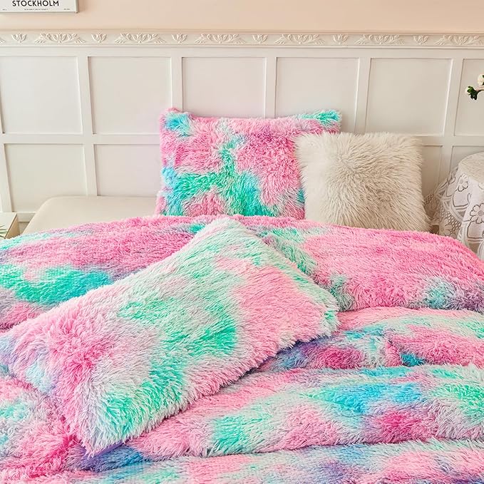 PERFEMET Fluffy Full Size Comforter Sets for Girls 3Pcs Luxury Soft Pink Blue Faux Fur Comforters for Kids Teens Warm Cozy Tie Dyed Velvet Fuzzy Plush Bedding Set(Pink Blue, Full)