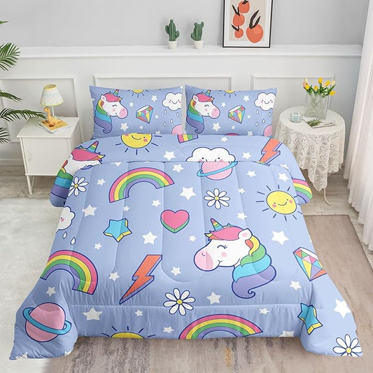 Kids Comforter Set Cartoon Rainbow Unicorn Printed Pattern Bedding Set with 1 Comforter and 2 Pillowcases for Girls Boys Bedroom All Season(Cartoon Unicorn Twin)