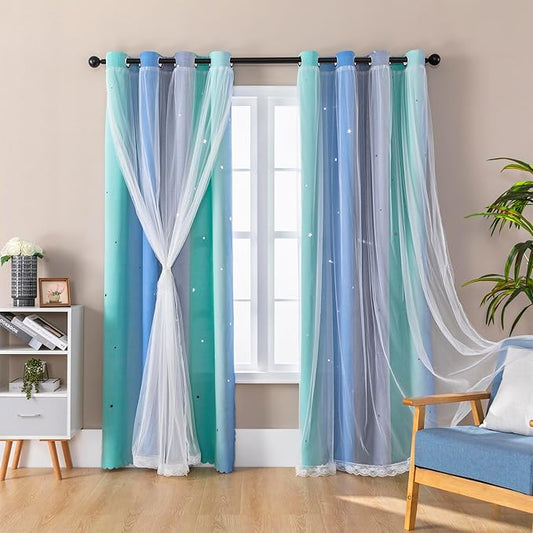 XiDi Blue Green Grey Blackout Curtains for Girls Bedroom 54 Inch Length 2 Panels Rainbow Kids Grommet Window Drapes for Nursery Living Room Decro Princess Unicorn Wall Decals 34 Inches Wide