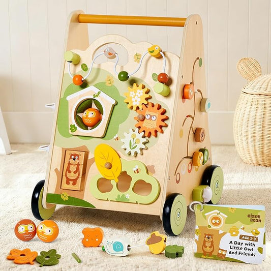Wooden Baby Walker with Activity Center, Forest Themed Montessori Push Toy for Toddlers 1–3, Bead Maze, Shape Sorter, Gears, Puzzles & Fine-Motor Learning, Speed Adjustable Wood Walker for First Steps