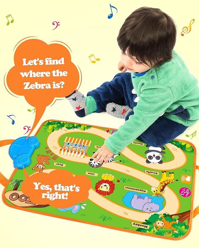 Vanmor Baby Car Toys for 12 Month Old Toys, Musical Playmat with 4 Animal Soft Pull-Back Vehiclefor 1 Year Old, Soft Baby Learning Toys 12-18 Months, 1st Birthday Xmas Gift for Toddlers