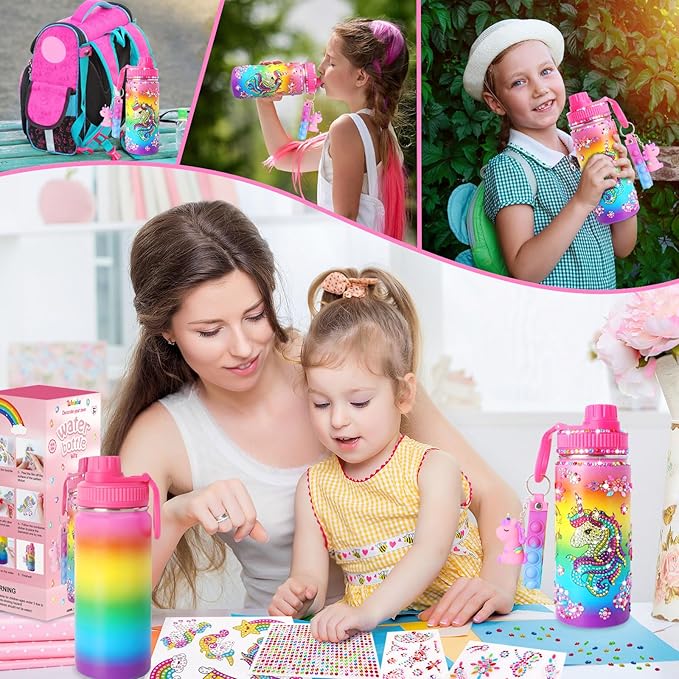 Wninbu Decorate Your Own Water Bottle Kits for Girls,Stainless Steel Unicorn Water Bottle Girls,Arts and Crafts Ages 4-6-8-10,Gem Art Unicorn Toys Gifts Birthday Christmas Stocking Stuffers (Unicorn)