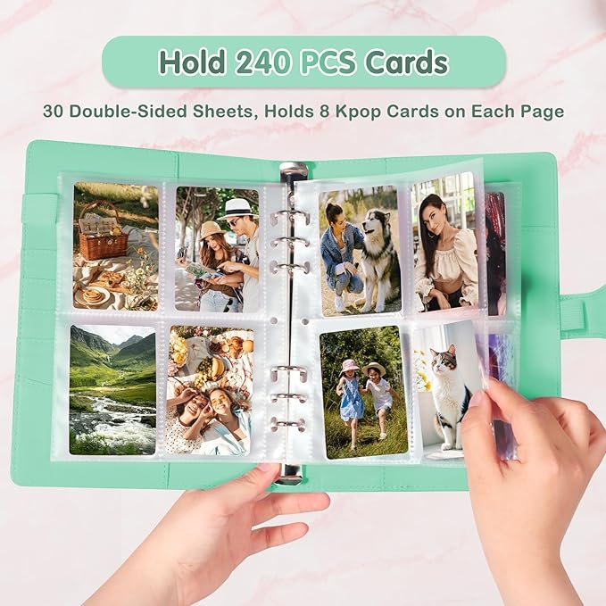 WITHYU A5 Card Collector with 30 Pack 4-Pocket Pages, 6 Ring Binder Album with 240 Card Slots, PU Leather Binder Cover with Magnetic Buckle Closure (Green)