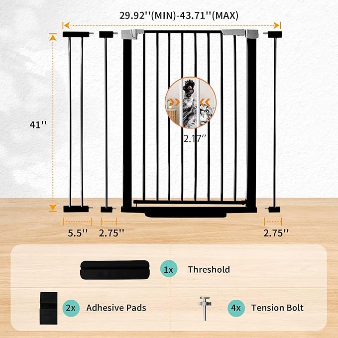 41" Tall Safety Pet Gate,Adjustable 29.92"-43.71" Wide,No Drilling Pressure Mount Kit,Auto Close Cat Gate Suitable for Stairs,Doorways (Black, 29.92"-43.71")