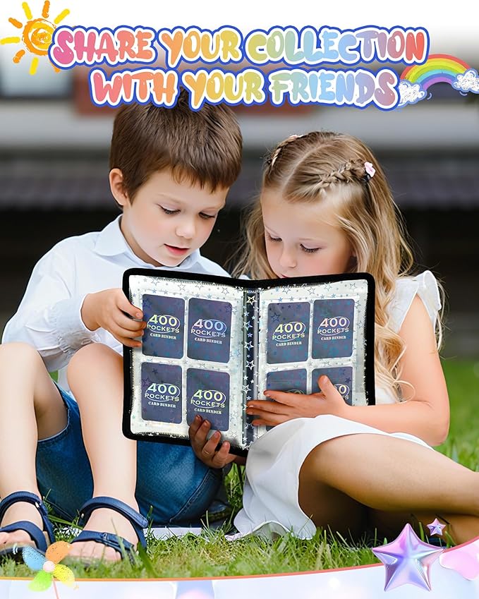 4 Pocket Card Binder with 20 Stickers, Trading Card Binder for 400 Cards, Card Collection Binder, Cute Mini Cards Binder, Sticker Organizer, Kpop Photocard Binder (Black)