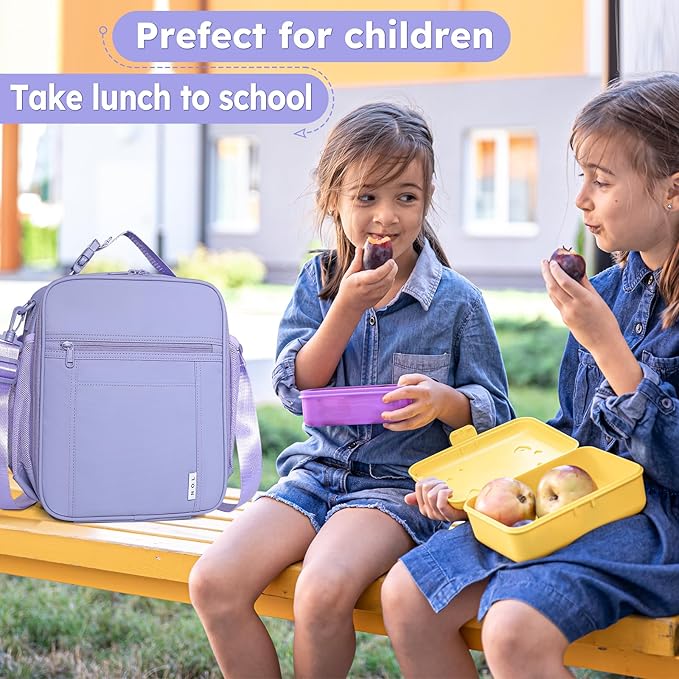 NOL Nylon Waterproof Kids Lunch Bag, Insulated Lunch Bag, Lunch box Cooler, Reusable, Zip Closure with Buckle Handle Holds Lunch Box, Snacks & Water Bottle for School Work,Light purple