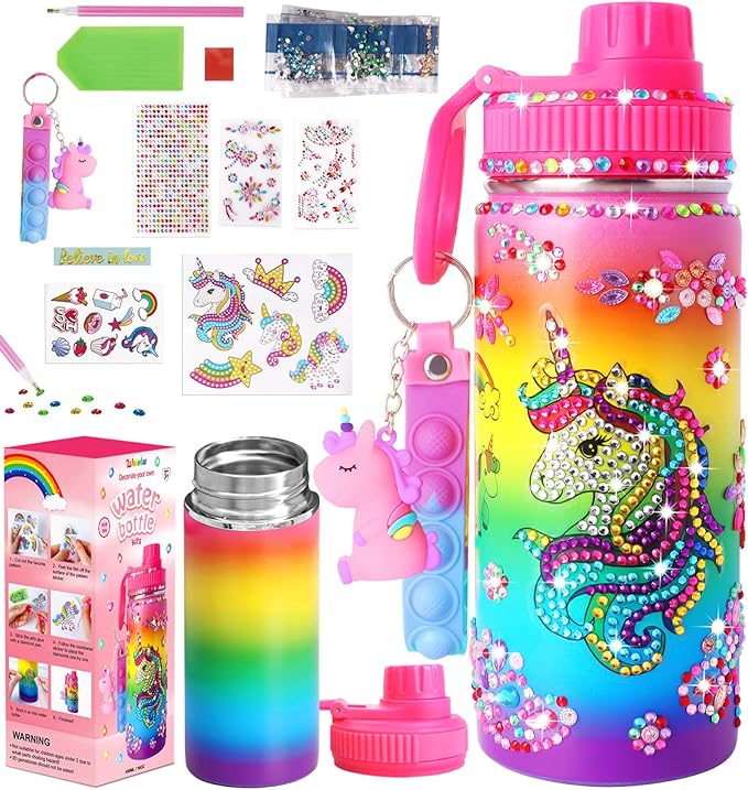 Wninbu Decorate Your Own Water Bottle Kits for Girls,Stainless Steel Unicorn Water Bottle Girls,Arts and Crafts Ages 4-6-8-10,Gem Art Unicorn Toys Gifts Birthday Christmas Stocking Stuffers (Unicorn)