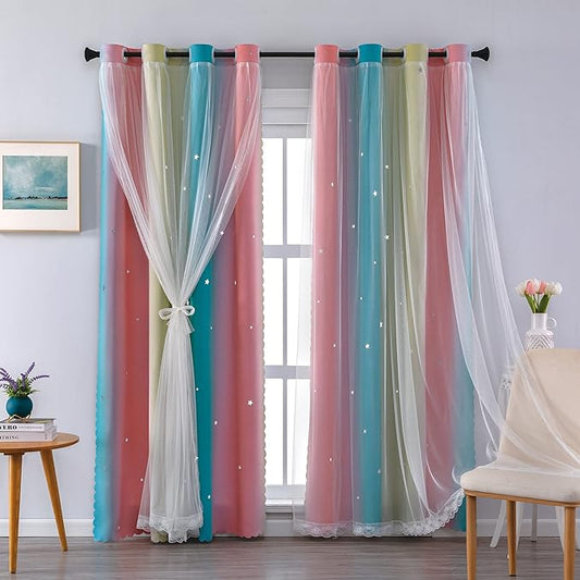 XiDi Curtains for Girls Bedroom Decro,Blackout for 84 Inches Long for Kids Room, Colorful Rainbow Style, Unicorn Wall Decor Ombre Curtains, Princess Room Pink/Blue