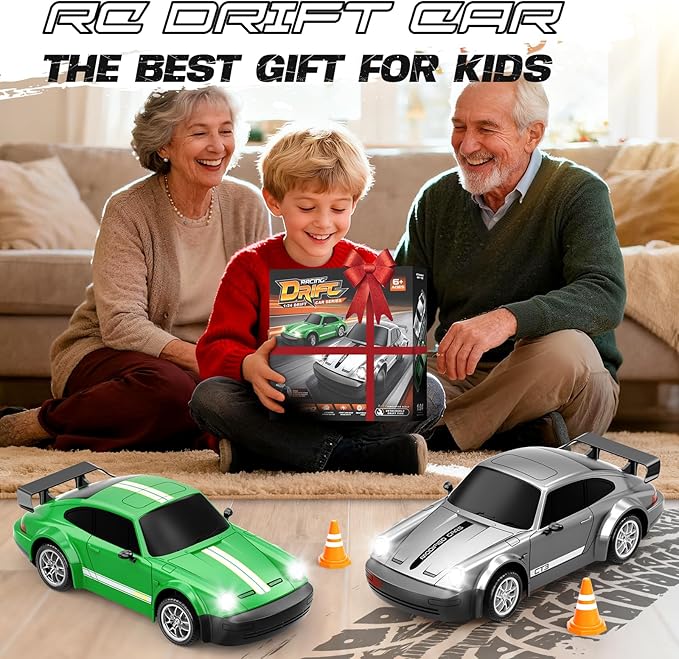 RC Drift Car, 1:24 Scale Remote Control Car with LED Lights, 20KM/H 4WD High Speed RC Cars, Racing and Drifting Dual-Mode Toy Car Idea Gift for Adults and Kids, Green