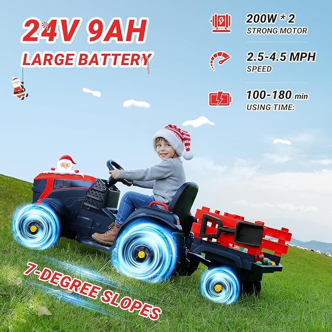 ELEMARA 24V 9AH Ride on Tractor Toys for Big Kids with Easy Detachable Trailer, 400W Electric Vehicles car, All-Terrain Capability, 3 Point Seat Belt for Ages 3+, Max 4.5 mph, Music, Deep Red