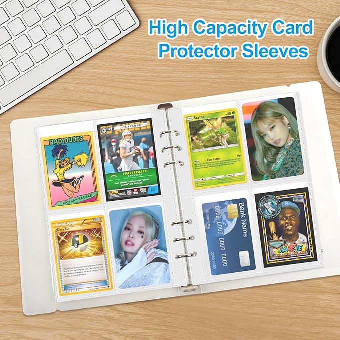 A5 4 Pocket Card Sleeves Binder Refill Pages – 50 Pack Stores 400 Cards – 6 Ring Insert Sheets for Kpop Photocards, Trading Cards, Sports Baseball Card Protector Holder