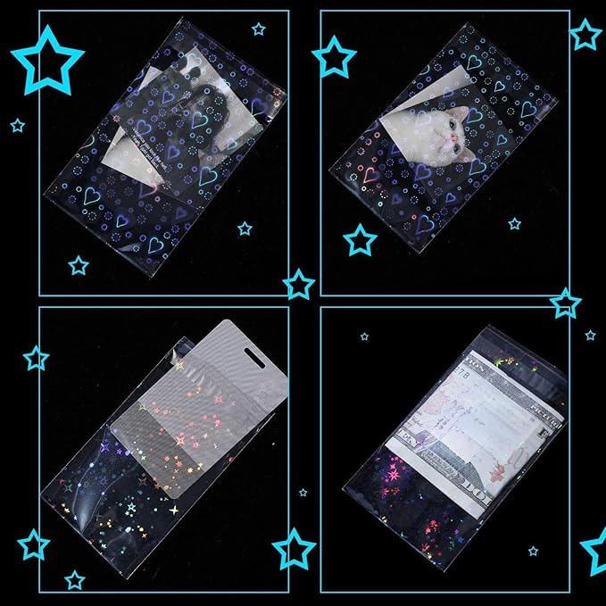 Tinlade 200 Pcs Laser Flashing Kpop Holographic Photo Card Sleeves Little Star Heart Glass Gemstone Transparent Trading Cards Sleeves 2.6 x 3.5 Inches