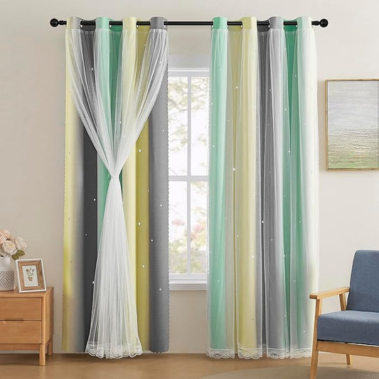 XiDi Yellow & Rainbow Curtains for Kids & Girls Room - Blackout, Grey & Green 34x84 Inch Long