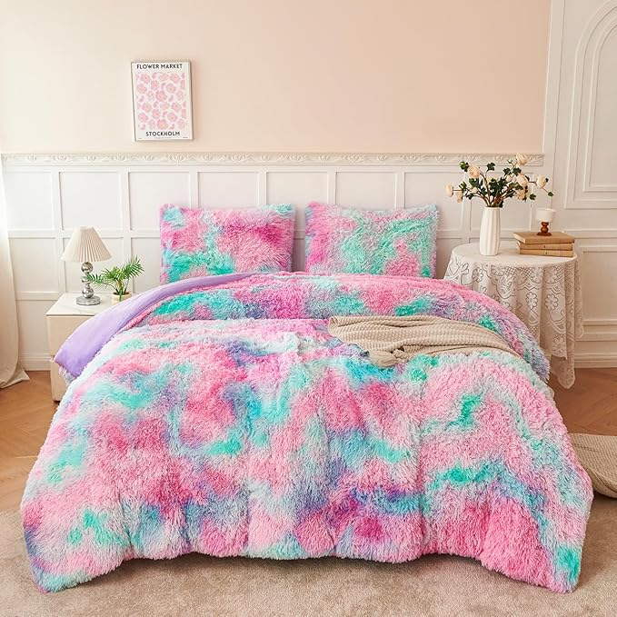 PERFEMET Fluffy Full Size Comforter Sets for Girls 3Pcs Luxury Soft Pink Blue Faux Fur Comforters for Kids Teens Warm Cozy Tie Dyed Velvet Fuzzy Plush Bedding Set(Pink Blue, Full)