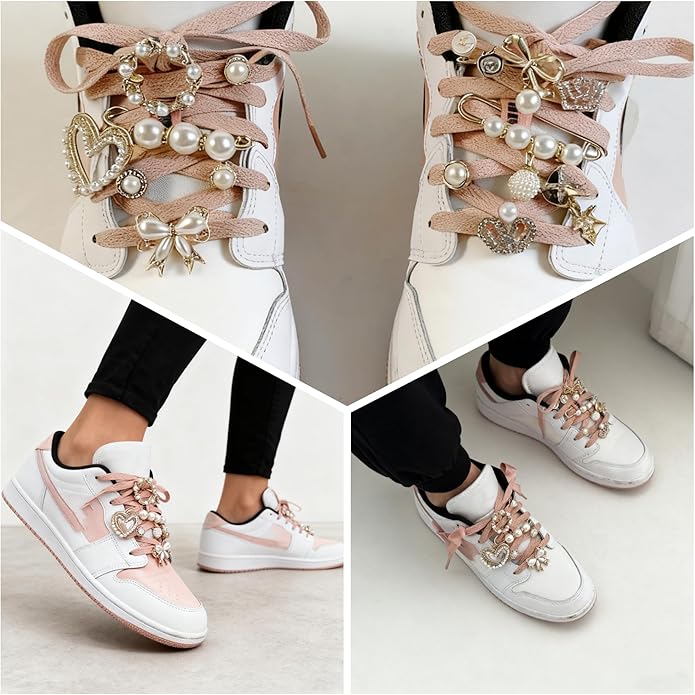 Elegant Shoe Charms for Sneakers - Jewelry Pins Set for Girls, Junk Socks Charms Kit with Shoelace in Gold and Silver