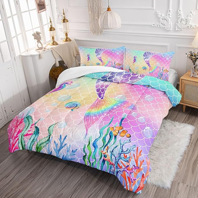 Mermaid Tail Comforter Set Rainbow Pink Scales Mermaid Printed Bedding Set with 1 Comforter and 2 Pillowcases for Boys and Girls Bedroom All Season(Full)