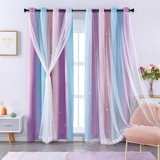 XiDi Kids Blackout Curtains for Bedroom 96 Inches Long 2 Panels Set Cute Pink Grommet Window Treatment Darpes Princess Nursery Unicorn Rainbow Curtains for Girl Room Deocr Pink Purple 42x96