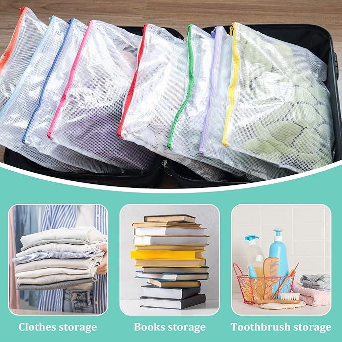 Mesh 24pcs Zipper Pouch Bags - A3 Size, 8 Color Mesh Zipper Pouches for Organizing, Board Game, Travel, School & Office