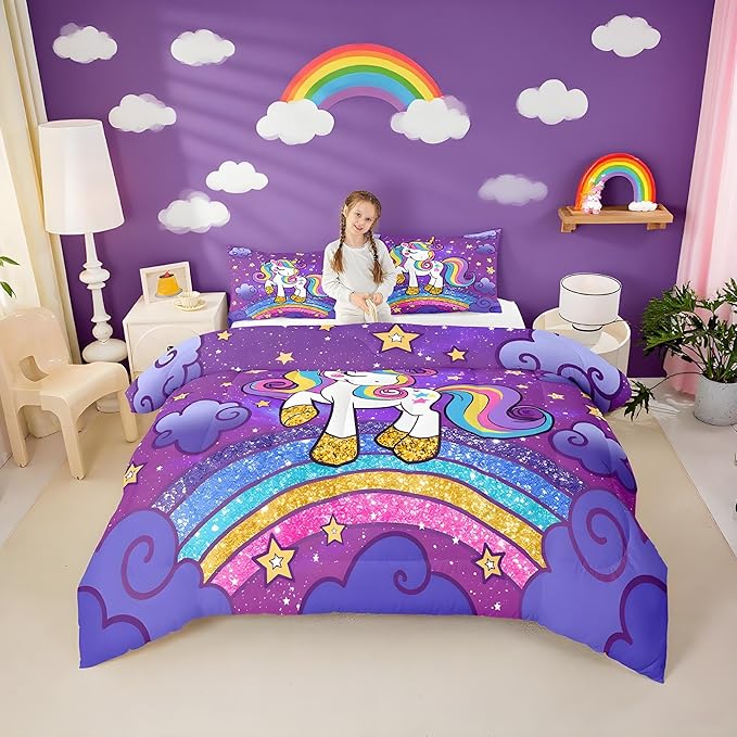 Feelyou Unicorn Bedding Toddler for Kids Girls Rainbow Comforter Set Ultra Soft Star Print Cute Unicorn Comforter for Girls Duvet Quilt Bedroom Decor Rainbow Bedding Cute Animal Decor Quilt