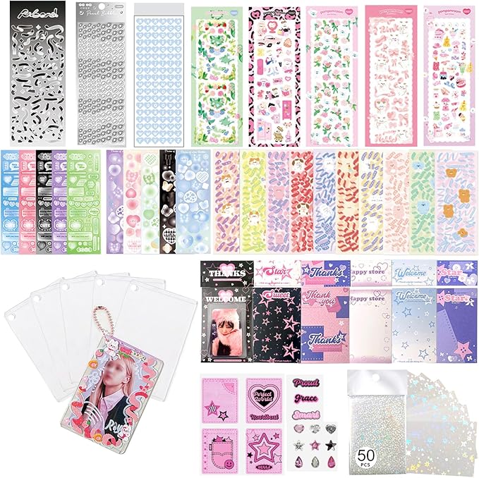 6 Kpop Photocard Holder Keychain Toploaders,6 Wrapped Gift Sets，50 Holographic Card Sleeves for Trading Cards,35Sheets Deco Stickers,2 Pcs Cute Little Pendant (Star II)