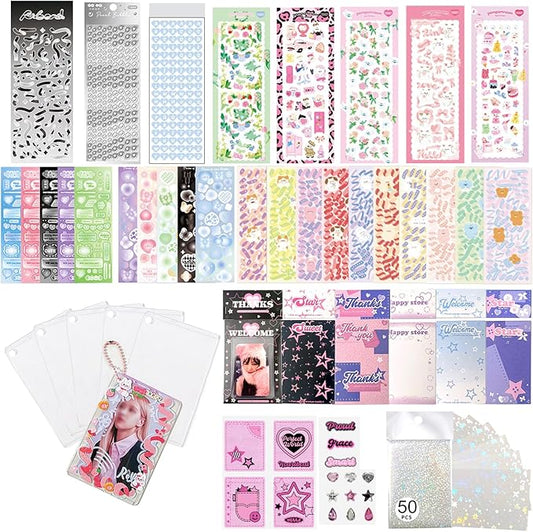 6 Kpop Photocard Holder Keychain Toploaders,6 Wrapped Gift Sets，50 Holographic Card Sleeves for Trading Cards,35Sheets Deco Stickers,2 Pcs Cute Little Pendant (Star II)