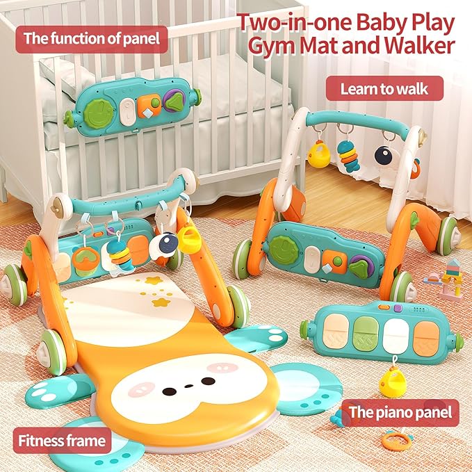 2 in 1 Baby Gym with Walker,Baby Play Mat with 5 Infant Learning Sensory,Double-Sided Multifunctional Removable Play Piano Panel,Sit-to-Stand Learning Walker for 0-24 Months Boy Girl [Orange]