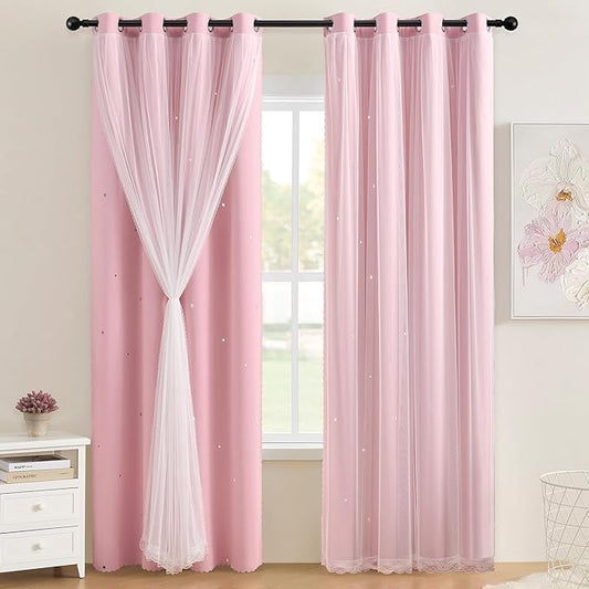 XiDi Blackout Light Pink Curtains Star with Sheer Overlay for Girls Bedroom Living Room 84 Inches Long 2 Panels Nursery Kids Princess Room Darkening Drapes Grommet Window Curtains Baby Pink 52x84