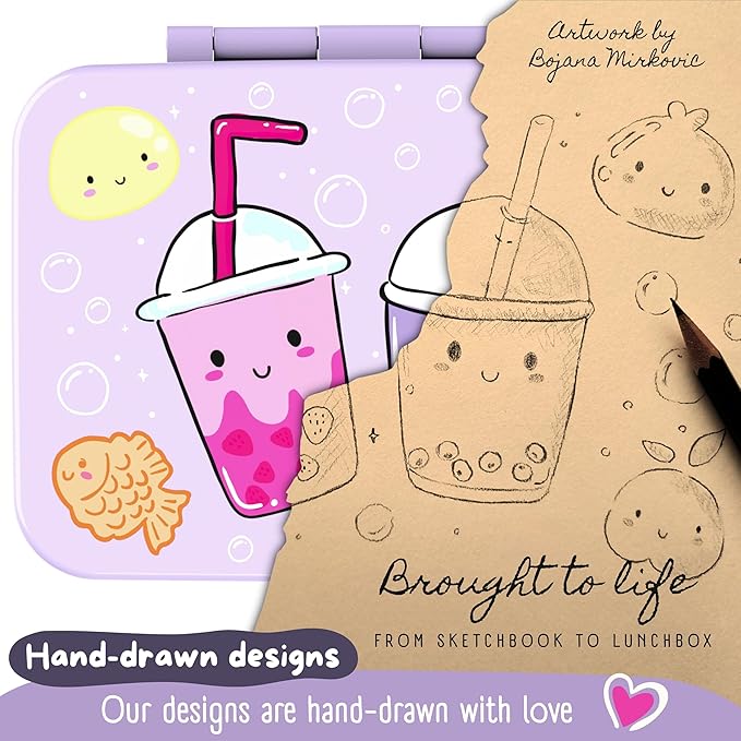 BEARFOOT Kids Lunch Box with Compartments – Compact & Lightweight | Leak-Proof, BPA-Free, Dishwasher & Microwave Safe | Hand-Drawn Design for Preschool, School, Travel (BubbleTea Purple, 2.75 Cups)