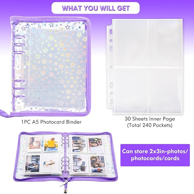 Kpop Photocard Binder Holder with 30 Pack 4-Pocket Inner Pages, A5 6 Ring Cover Album Book with Zipper for Organizing Trading Card (Purple)