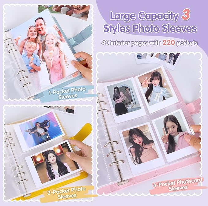 Antner A5 Kpop Photocard Binder 6-Ring Card Collector Album with 40 Pack Card Sleeves, PU Leather Photocard Holder Book with Multi-Size Photo Protectors for Organizing Trading Cards, Purple A5 Binder