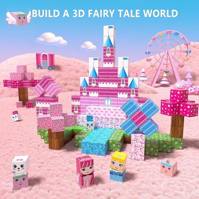 150PCS Magnetic Blocks, Magnet Building Cube Toy, Build 3D Pink Princess Castle Set for Girls, Montessori Sensory Toys for Kids, STEM Educational Toys, Christmas, Children's Day Gift for Boys & Girls