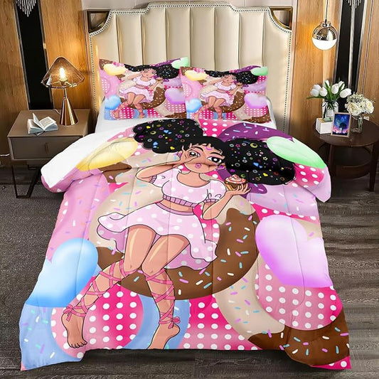 African Black Girl Comforter Set Princess Bedding Kids Comforter Sets Gifts Girls Bedroom Decor Pink Full Size Quilt Sets with 2 Pillowcases