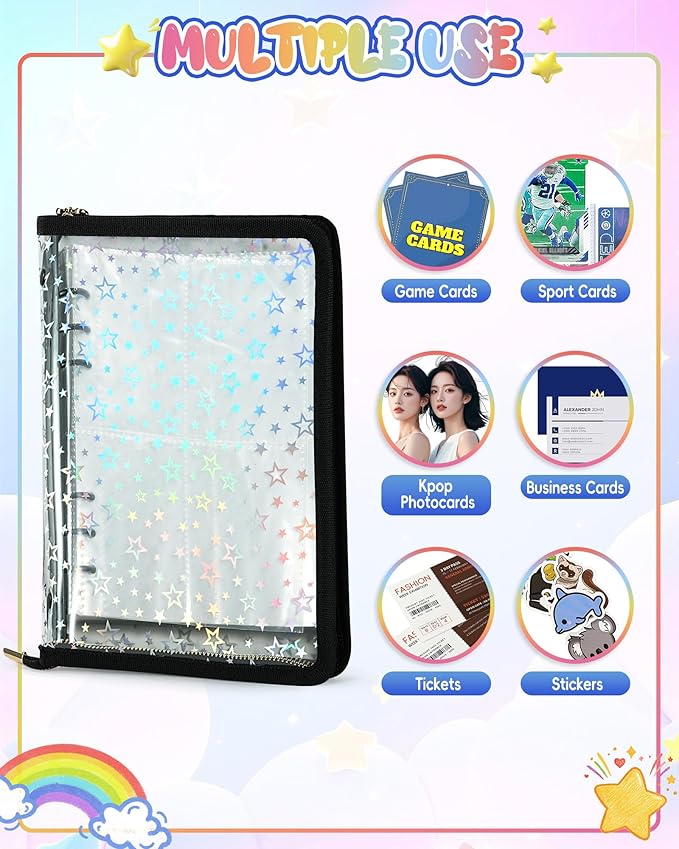 4 Pocket Card Binder with 20 Stickers, Trading Card Binder for 400 Cards, Card Collection Binder, Cute Mini Cards Binder, Sticker Organizer, Kpop Photocard Binder (Black)