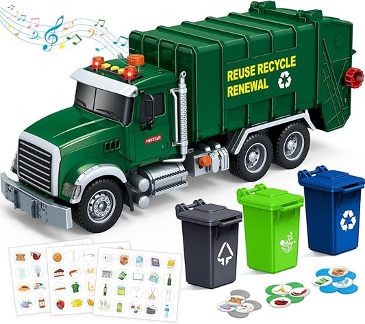 SpringFlower Toy for 3 4 5 6 7 Years Old Boy,15" Large Garbage Truck Toys for Kids,Friction Powered Garbage Truck with Sound and Light, Trash Bins,Learning Cards,Birthday Gifts for Boys & Girls